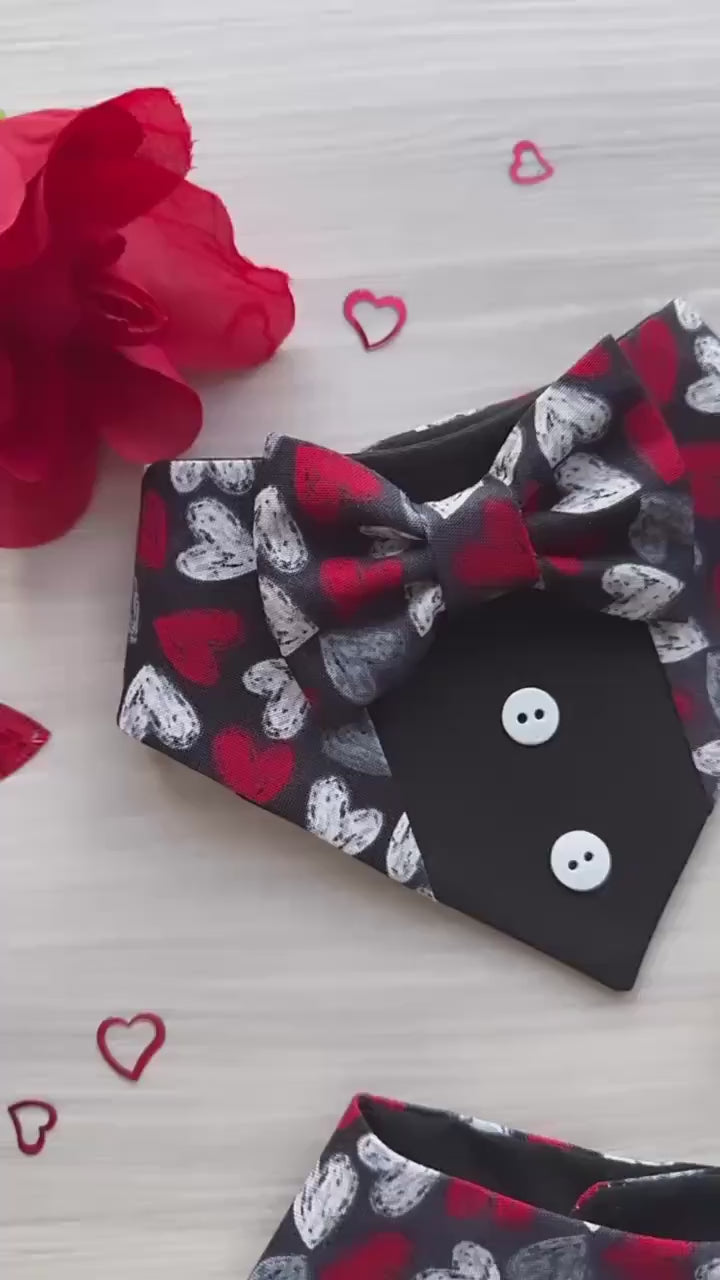Chalk Hearst Valentines Dog bandana with ruffles, Snap on Bandana, Matching hair-bow, Bow and Bandana, Xoxo bandana