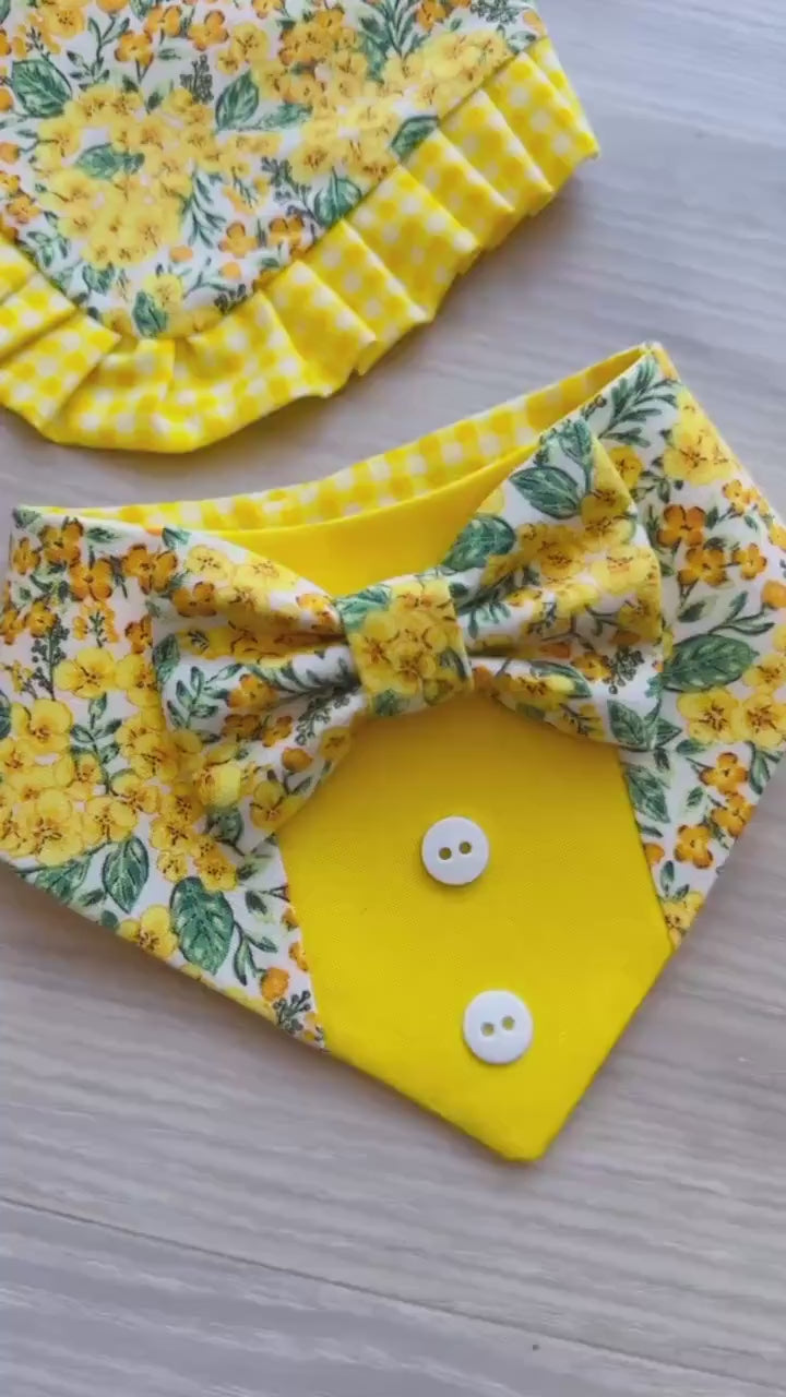 Spring Dog Tuxedo Bandana, Yellow Floral, Bandana with bow tie for dogs, summer cute dog boy accessories