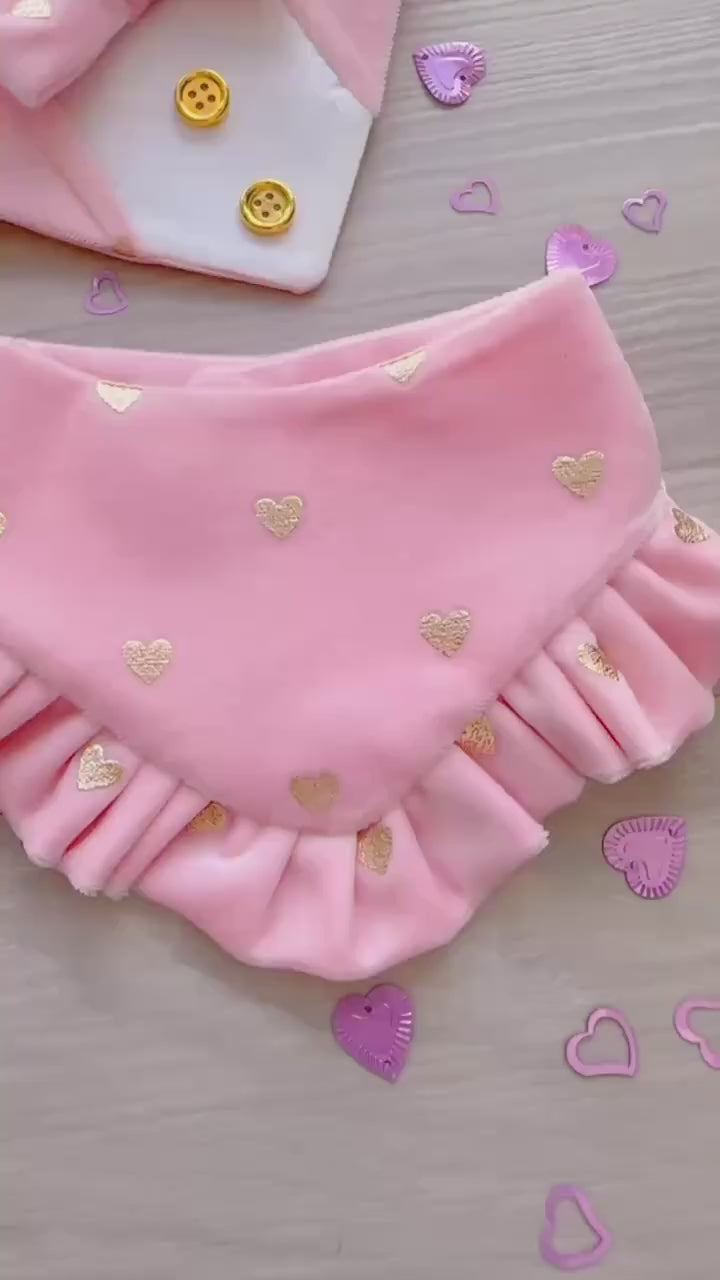 Fancy Pink Valentines Dog bandana with ruffles, Pink Velvet with gold hearts, Snap on Bandana, Bow and Bandana, Xoxo bandana