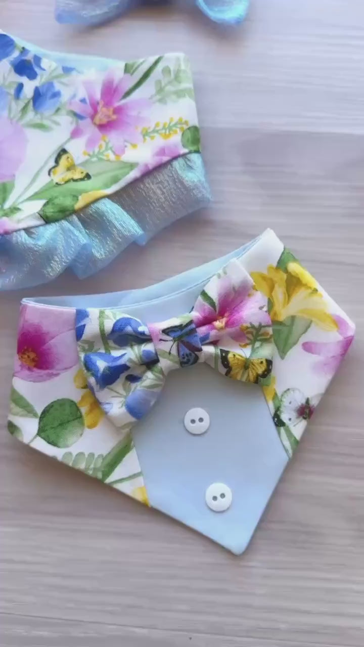 Spring Dog Tuxedo Bandana, Blue floral, Bandana with bow tie for dogs, summer cute dog boy accessories