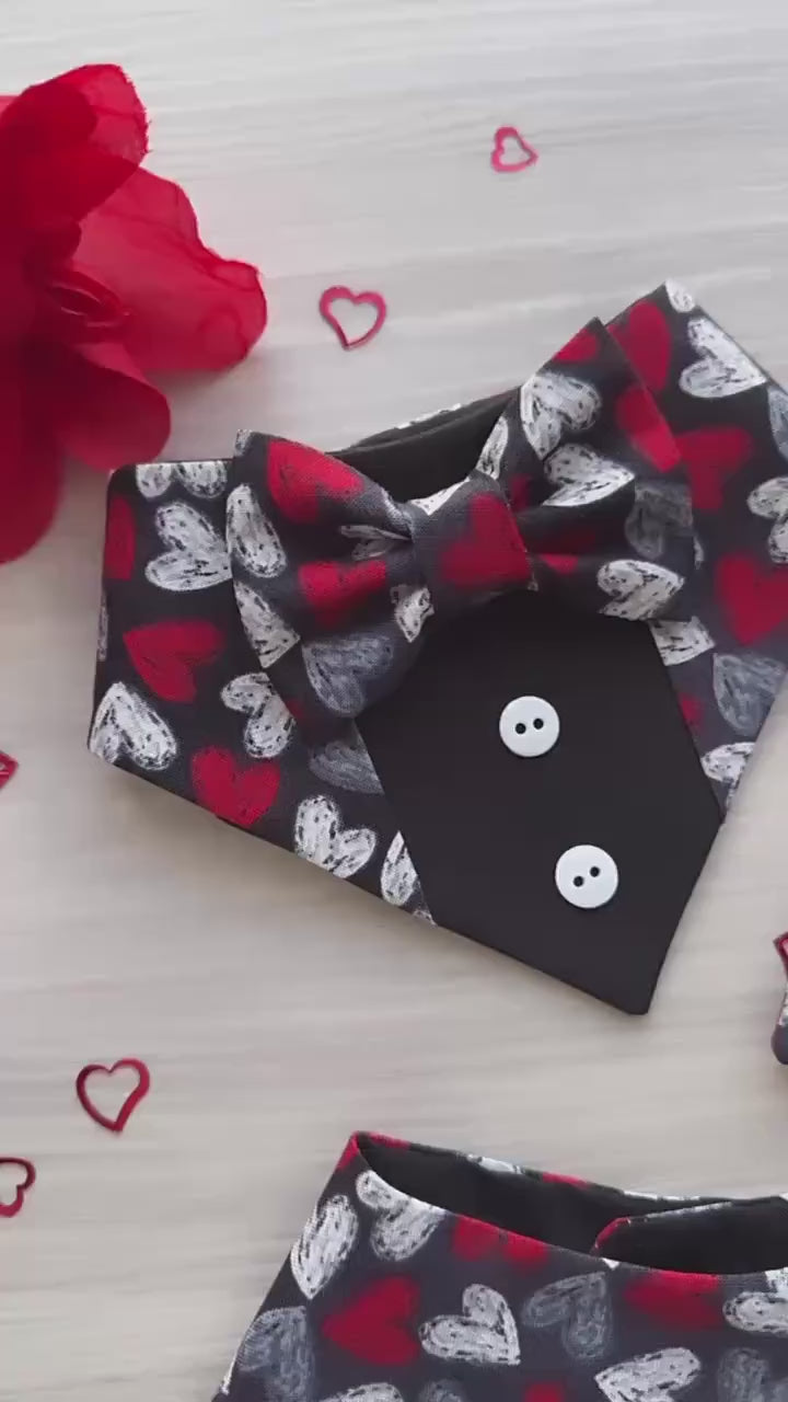 Chalk Hearst Tuxedo dog bandana, Valentines Day bandana with bowtie, Dog bandana with Snaps, Pet scarf gift, plaid dog scarf, Dog Bowtie,
