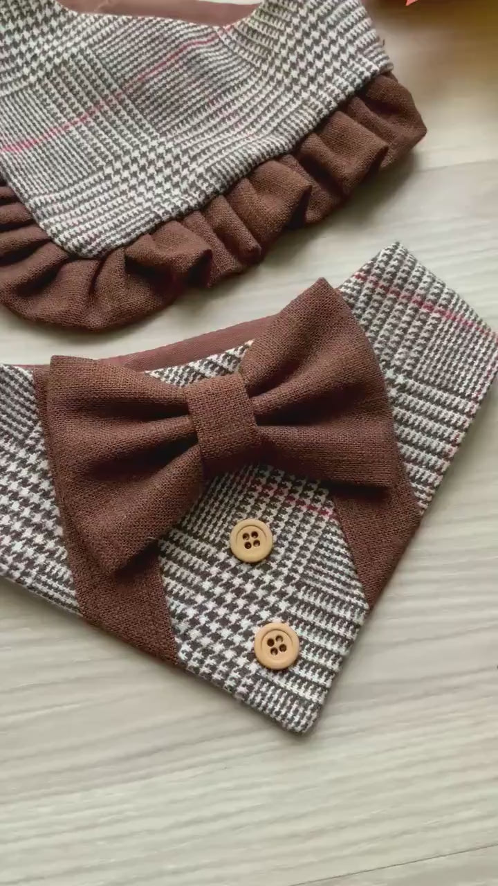 Fall Dog Tuxedo, Brown Plaid Dog Bandana, Dog bandana with Snaps, Pet scarf gift, Season dog scarf with Bowtie fancy Bandana