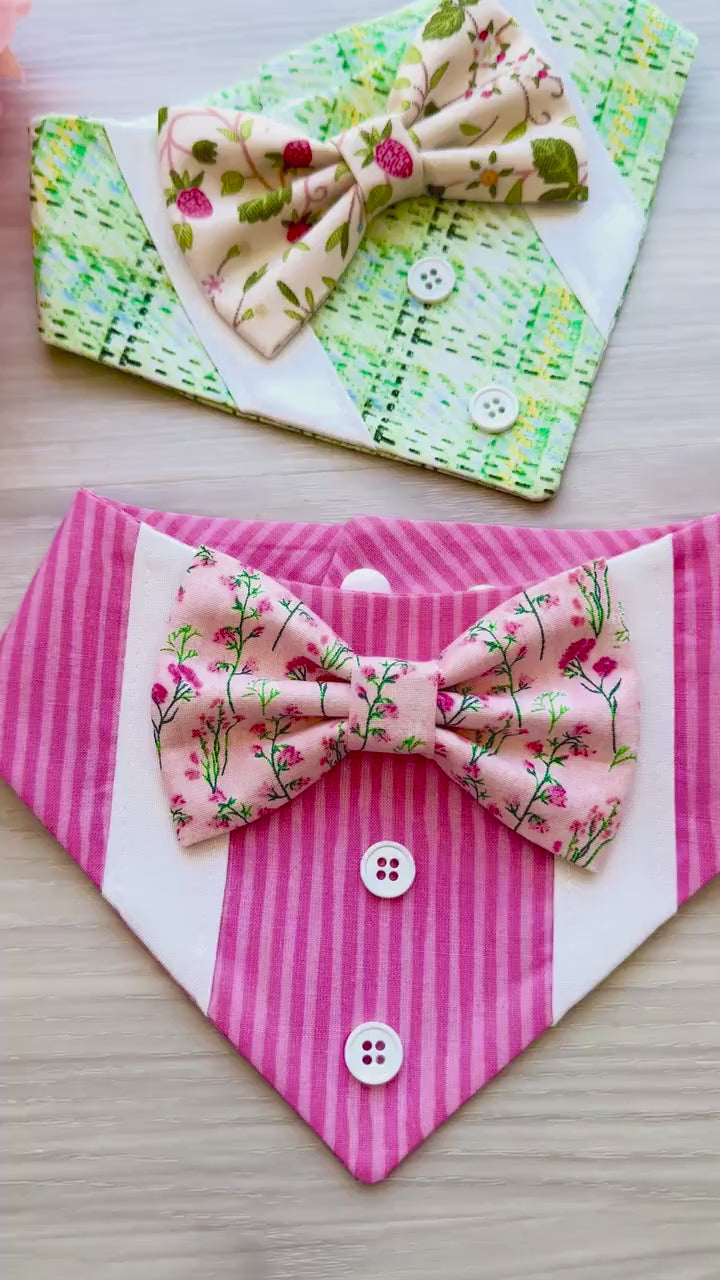 Spring Dog Tuxedo Bandana, Green floral, Bandana with bow tie for dogs, summer cute dog boy accessories