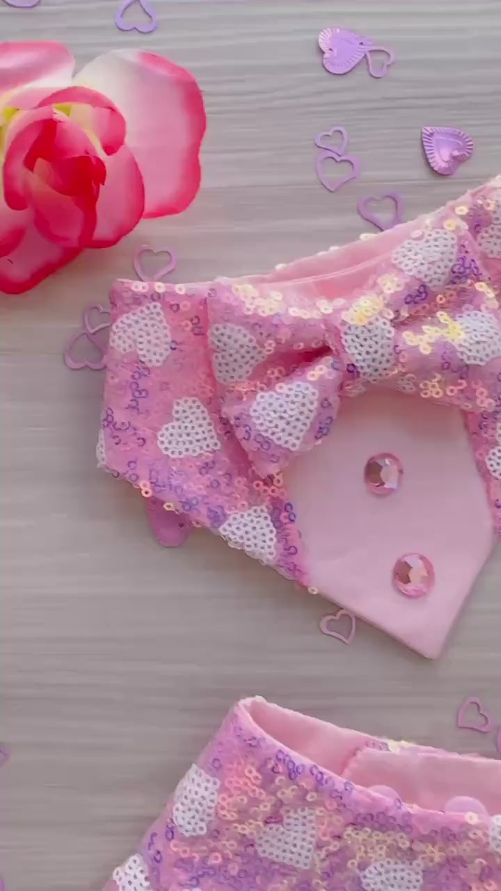 Fancy Pink Valentines Dog bandana with ruffles, Pink Hearts sequins, Snap on Bandana, Matching hair-bow, Bow and Bandana, Xoxo bandana