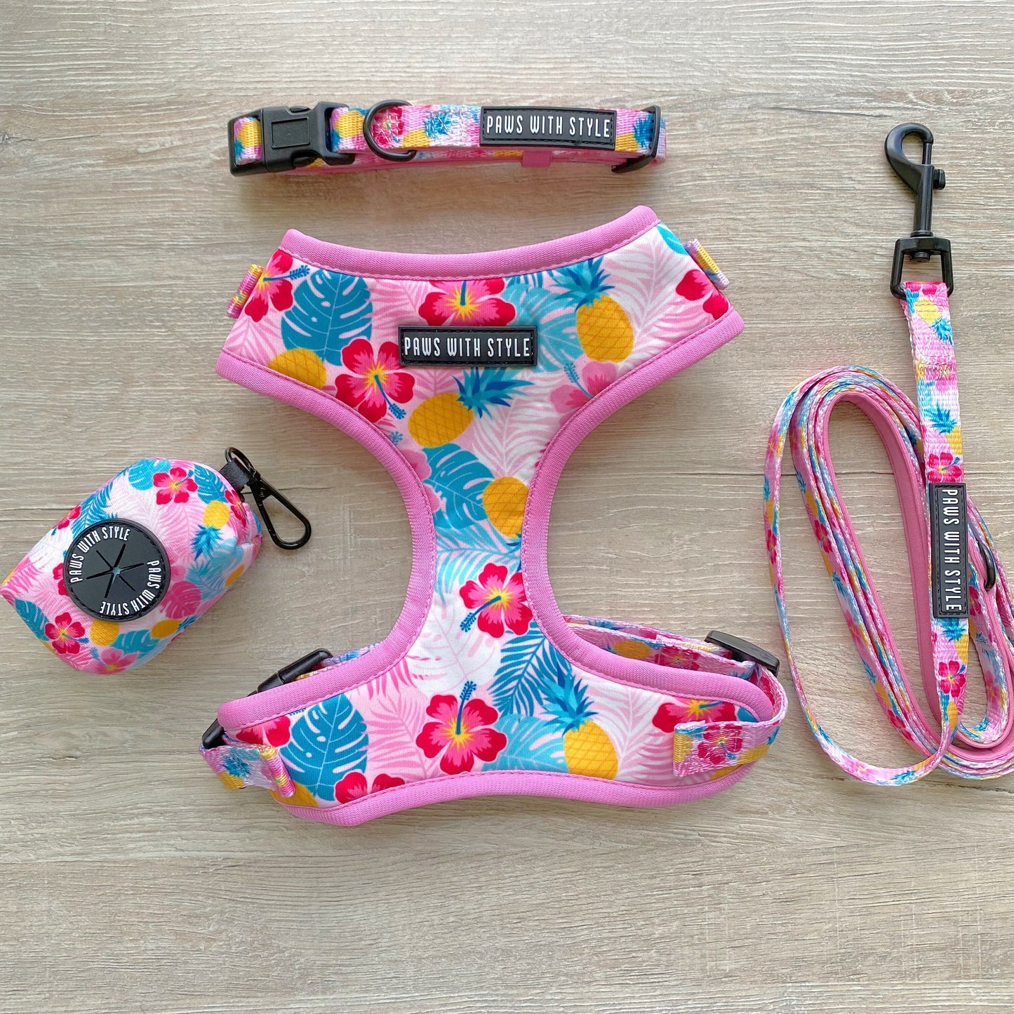 BUNDLE Set Pink Pineapple Adjustable Dog Harness