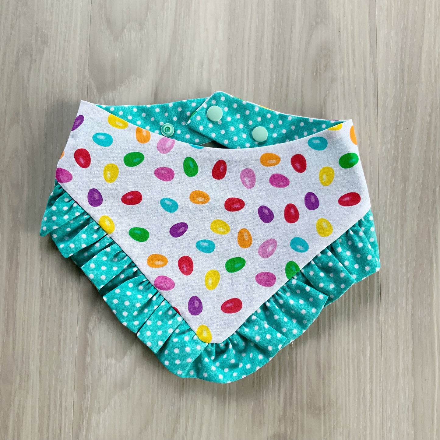 Easter Dog bandana with ruffles, Jelly beans, Snap on Bandana, Matching hair-bow, Bow and Bandana, Floral bandana