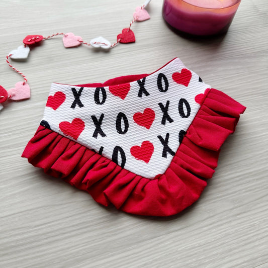XoXo Valentines dog bandana with ruffles, Snap on Bandana, Matching hair-bow, Bow and Bandana, Xoxo bandana