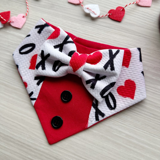 XoXo Tuxedo dog bandana, Valentines Day bandana with bowtie, Dog bandana with Snaps, Pet scarf gift, dog scarf, Dog Bowtie,