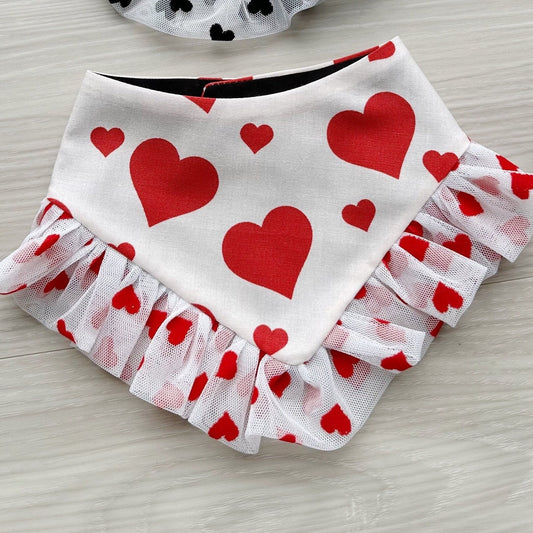 Red Hearts Valentines Dog bandana with ruffles, Snap on Bandana, Matching hair-bow, Bow and Bandana, Xoxo bandana