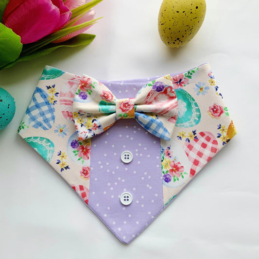 Easter Dog Tuxedo Bandana, Floral eggs, Bandana with bow tie for dogs, Easter cute dog boy accessories