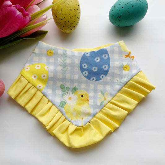 Easter Dog bandana with ruffles, Baby chics and eggs, Snap on Bandana, Matching hair-bow, Bow and Bandana, Purple bandana
