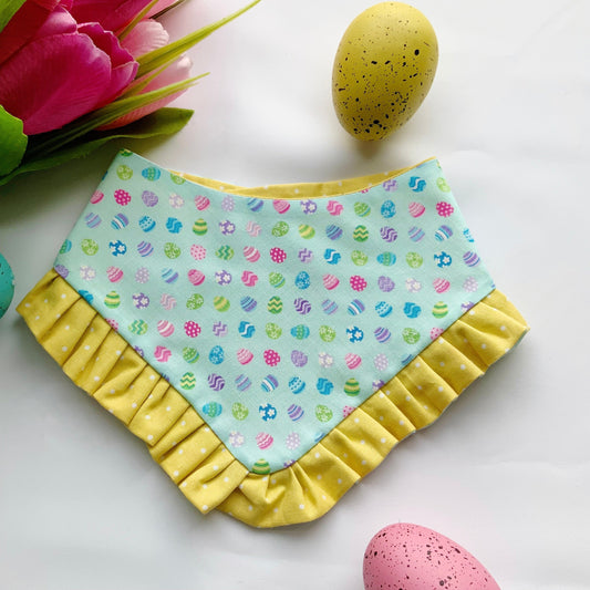 Easter Dog bandana with ruffles, Baby chics and eggs, Snap on Bandana, Matching hair-bow, Bow and Bandana, Purple bandana