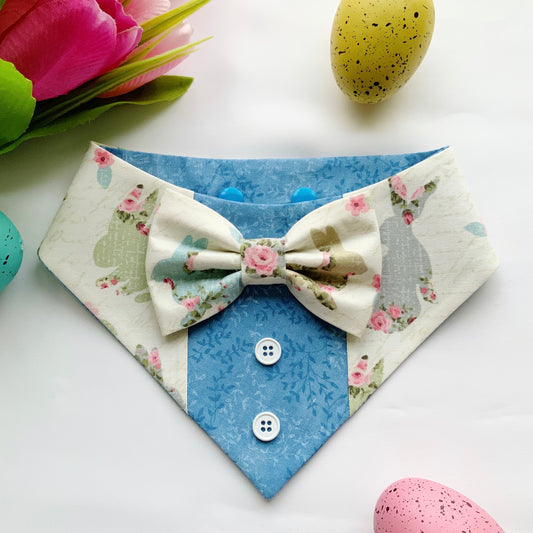 Easter Dog Tuxedo Bandana, Blue and bunnies , Bandana with bow tie for dogs, Easter cute dog boy accessories