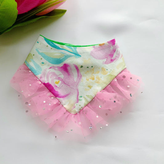 Spring Dog bandana with ruffles, Pink floral, Snap on Bandana, Matching hair-bow, Bow and Bandana,