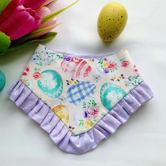 Easter Dog bandana with ruffles, Floral eggs, Snap on Bandana, Matching hair-bow, Bow and Bandana, Purple bandana