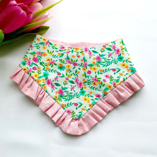 Spring Dog bandana with ruffles, Pink floral, Snap on Bandana, Matching hair-bow, Bow and Bandana,