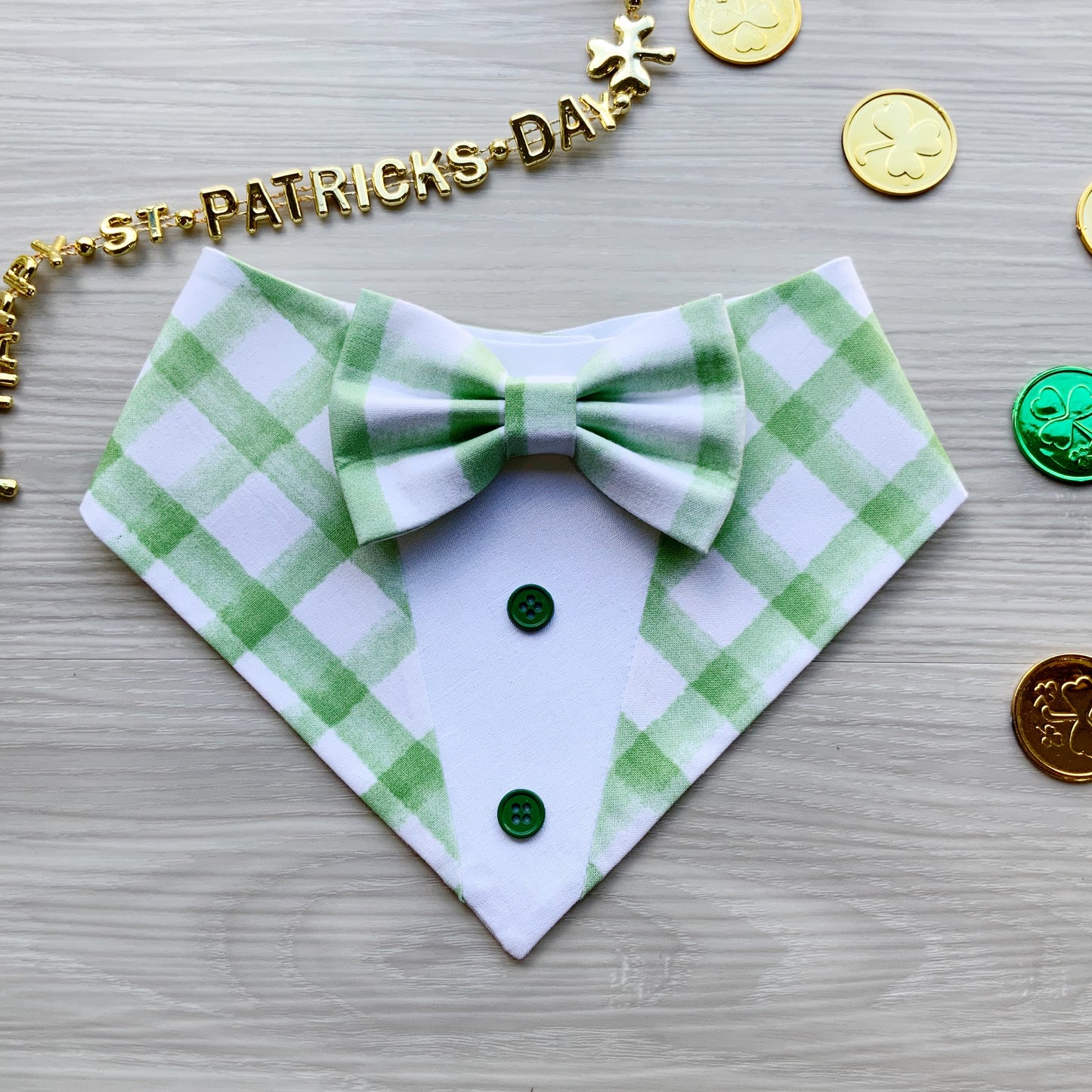 St. Patrick Dog Tuxedo Bandana, Green Plaid