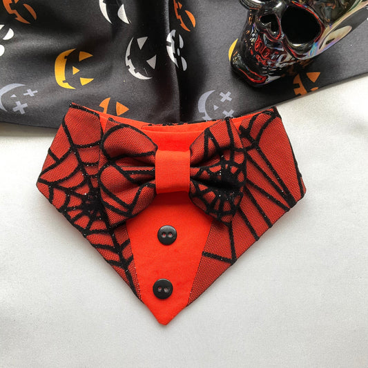 Orange Spider Web Dog Tuxedo, Halloween Dog Bandana