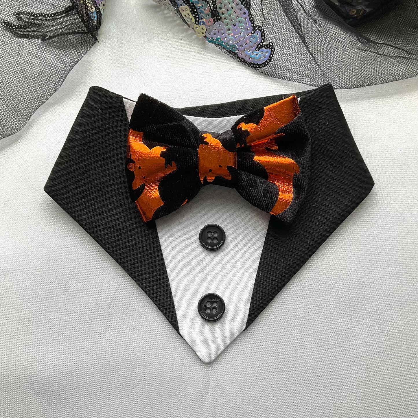 Orange Bat Dog Tuxedo, Velvet Halloween Dog Bandana