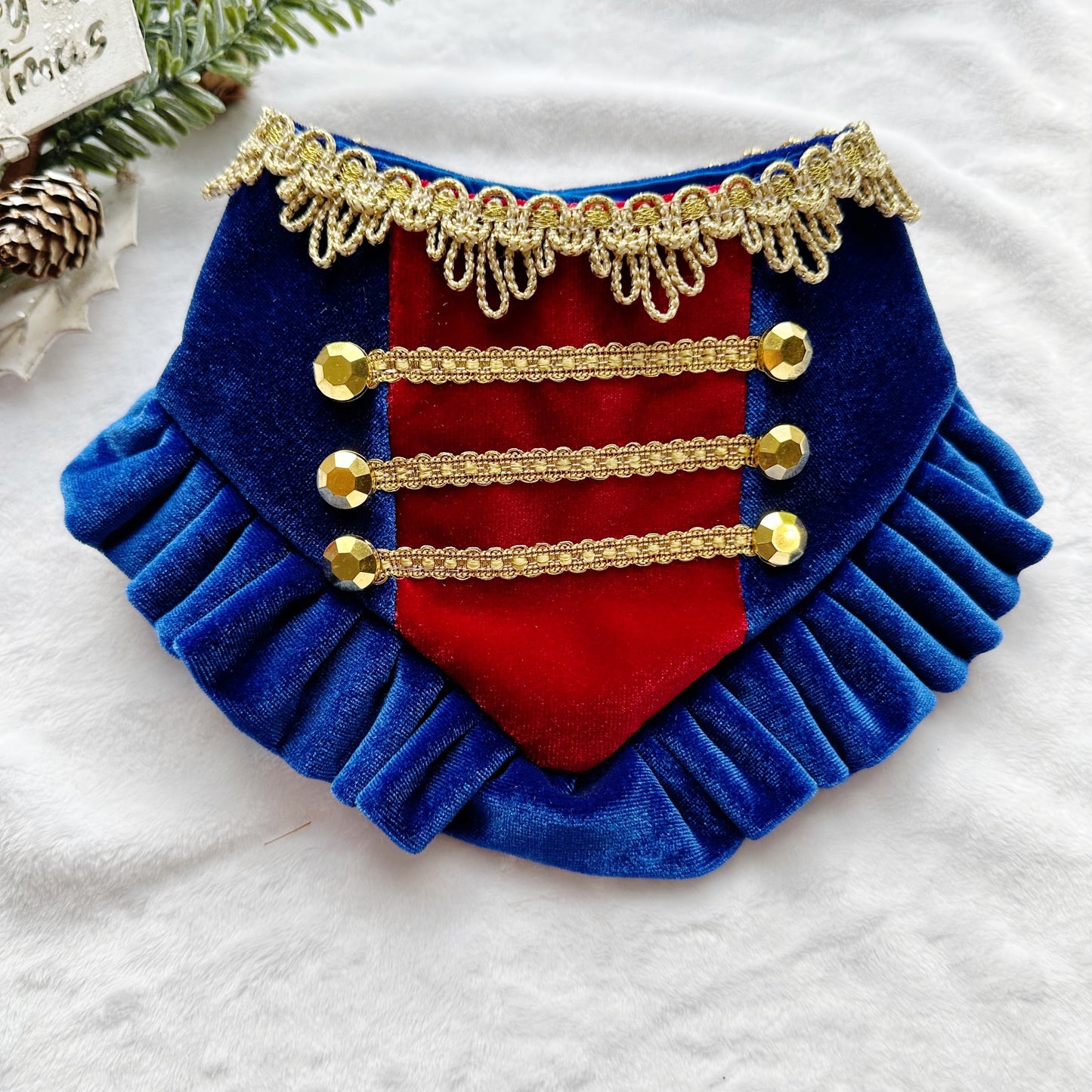 Blue Nutcracker Velvet Ruffle, christmas Dog Bandana