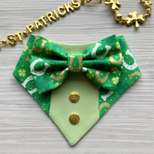 St. Patrick Dog Tuxedo Bandana, Horseshoes lime green