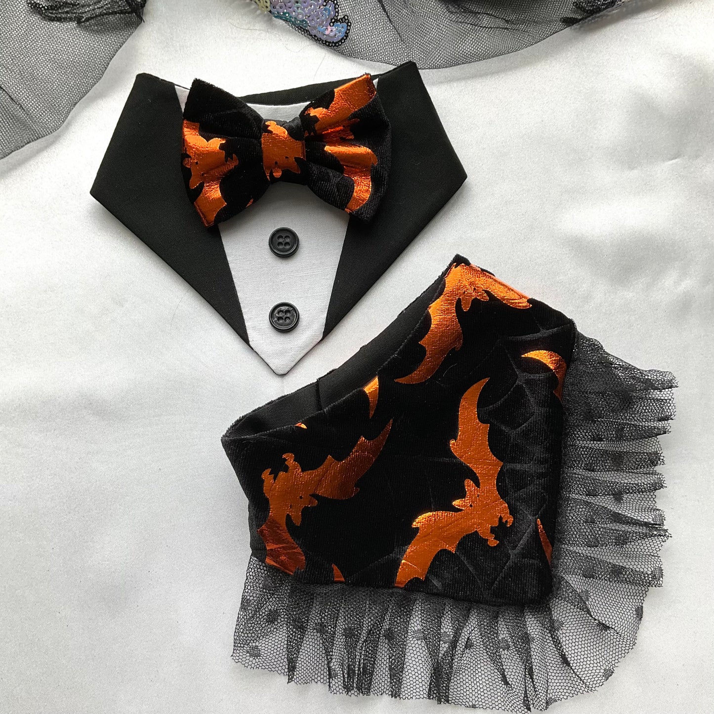 Orange Bat Dog Tuxedo, Velvet Halloween Dog Bandana