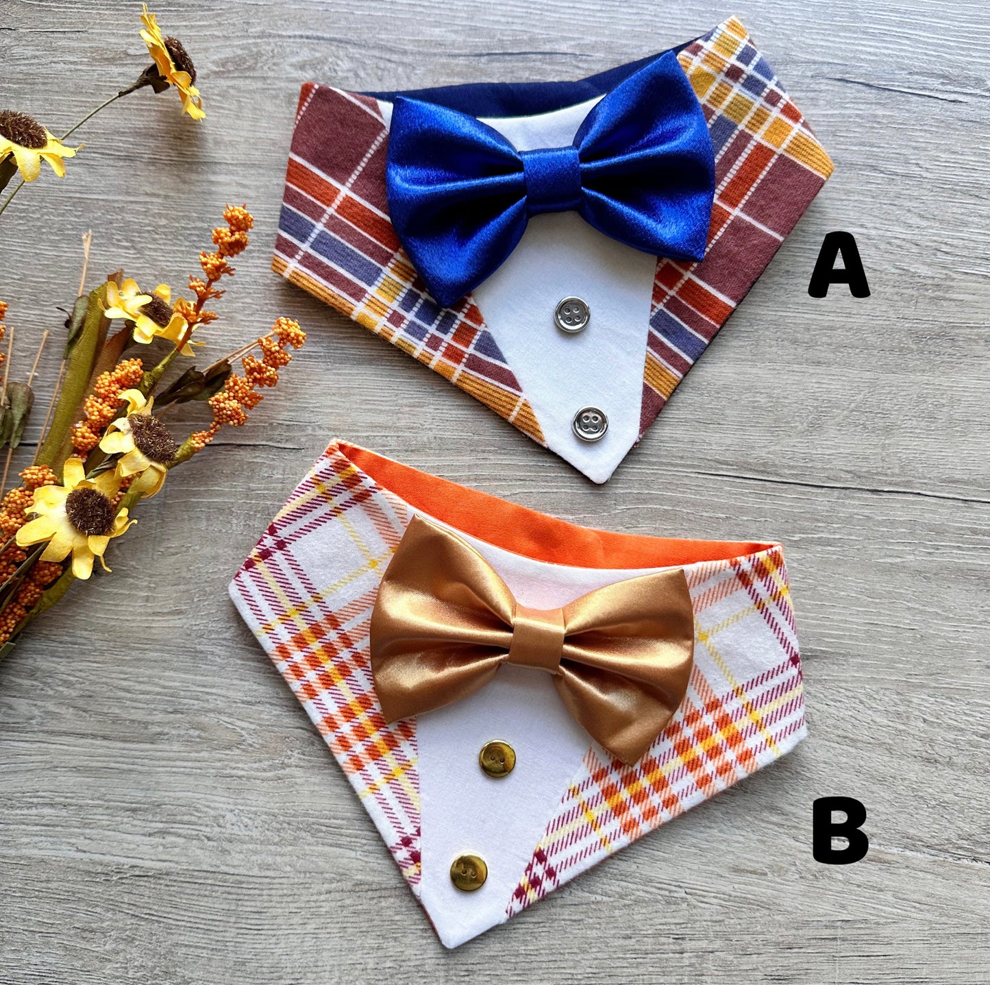 Autumn Dog Tuxedo Bandana, Blue or Gold satin bow tie