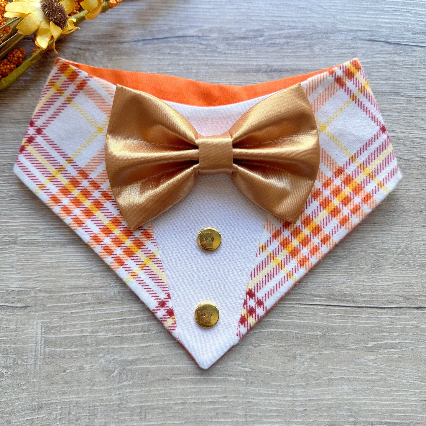 Autumn Dog Tuxedo Bandana, Blue or Gold satin bow tie