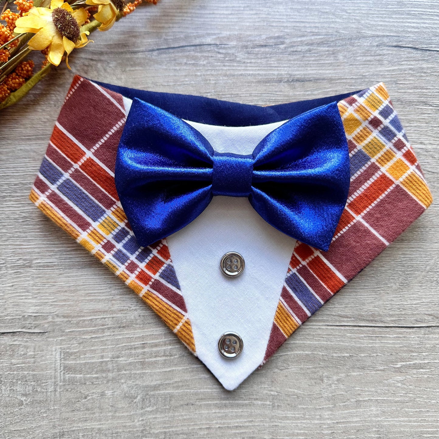 Autumn Dog Tuxedo Bandana, Blue or Gold satin bow tie