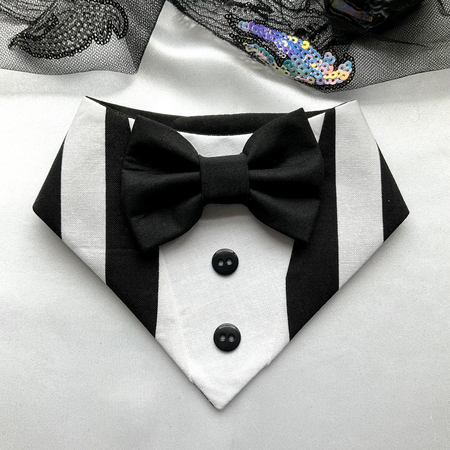 Beetle Juice Dog Tuxedo, Black and White Halloween Dog Bandana