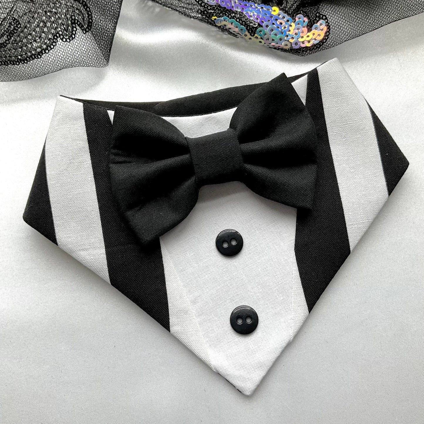 Beetle Juice Dog Tuxedo, Black and White Halloween Dog Bandana