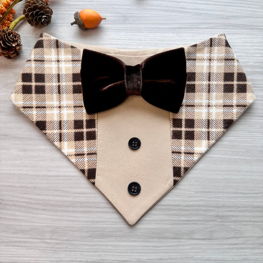 Beige Plaid Dog Tuxedo Bandana