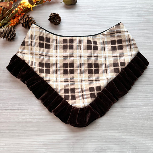 Beige Plaid Flannel with Velvet Ruffle, Fall Dog Bandana