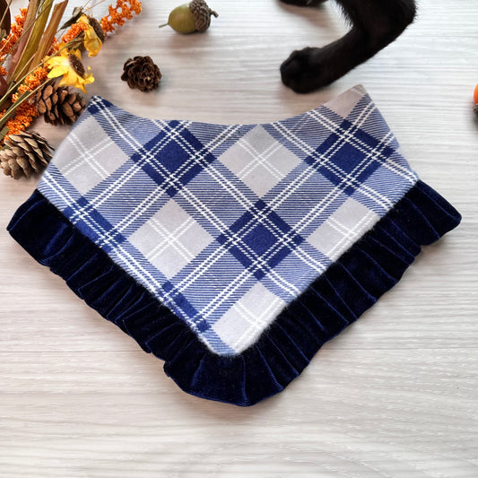 Blue Plaid Flannel with Velvet Gold Ruffle, Fall Dog Bandana