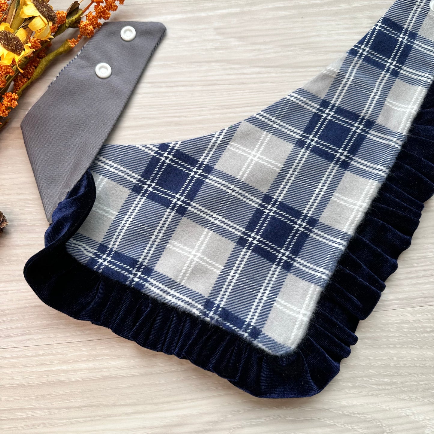 Blue Plaid Flannel with Velvet Gold Ruffle, Fall Dog Bandana