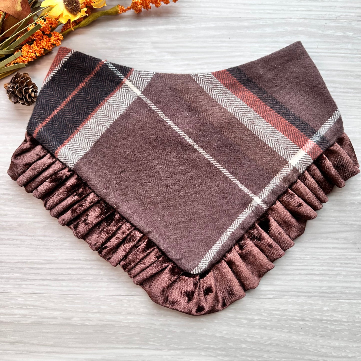 Brown Plaid Flannel with Velvet Ruffle, Fall Dog Bandana