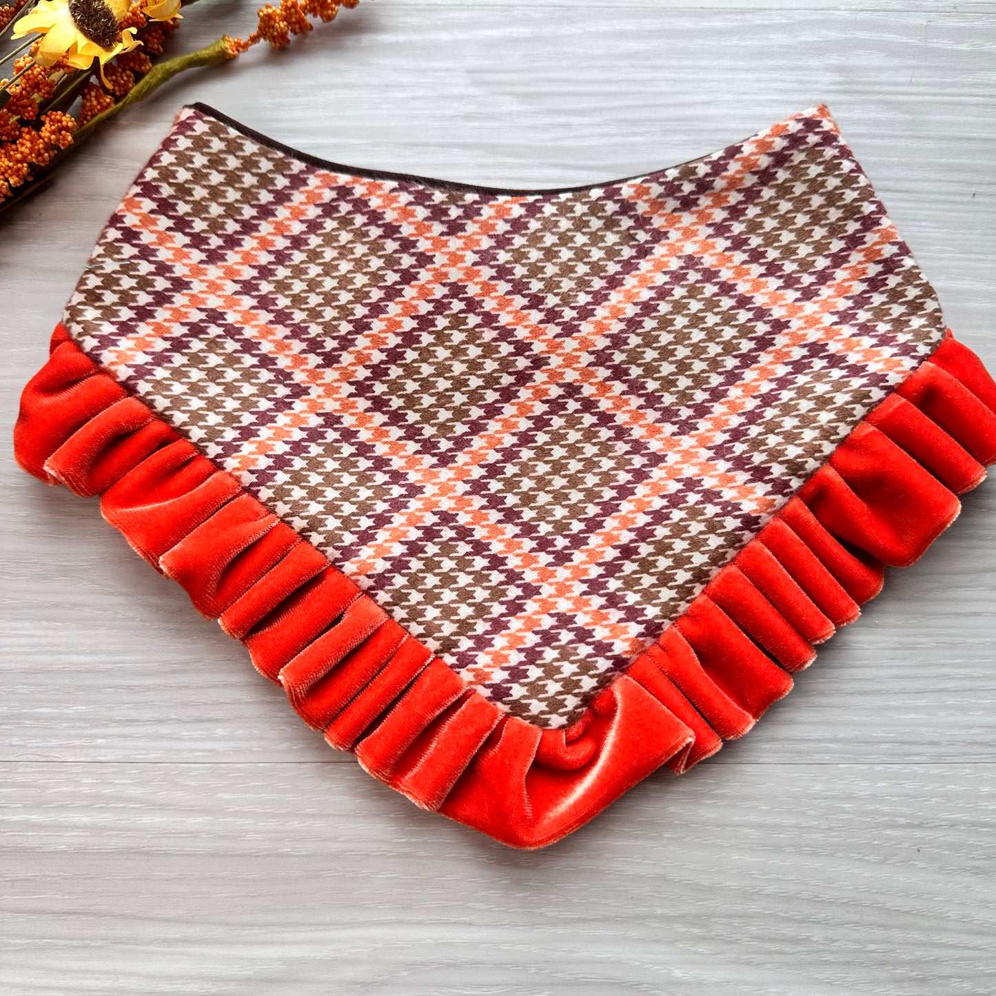 Orange Autumn Flannel with Velvet Gold Ruffle, Fall Dog Bandana