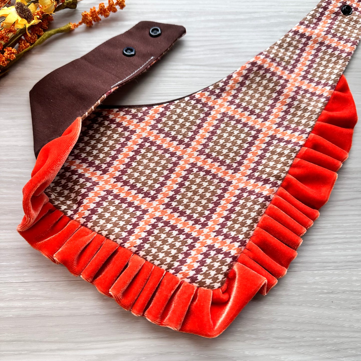 Orange Autumn Flannel with Velvet Gold Ruffle, Fall Dog Bandana