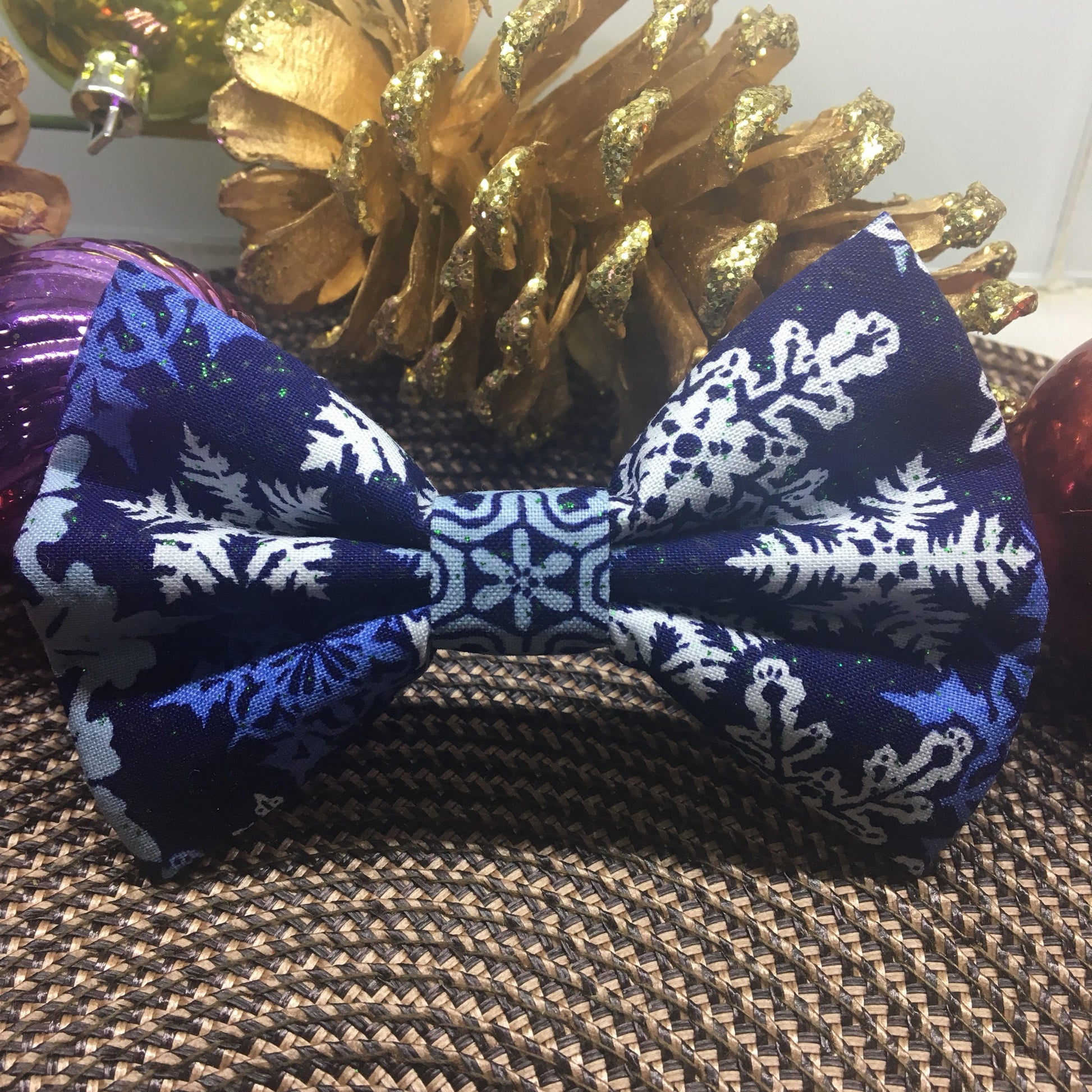 Christmas Snowflake Dog Bow Tie, Holiday Pet Collar Accessory