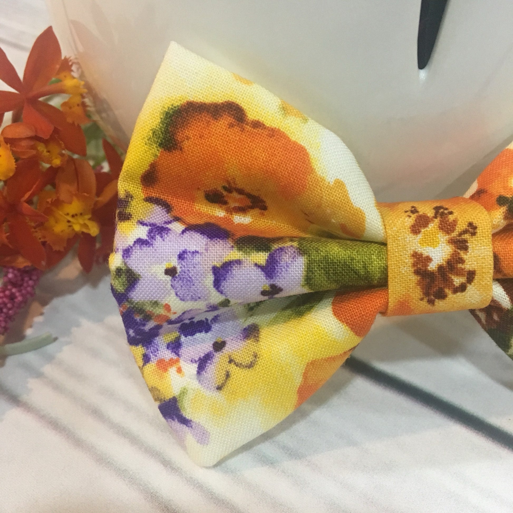 Yellow Floral Bow Tie, Dog Accessories, Dog Clothe, Dog Bow tie, Puppy Bow, Pet Scarf, spring bow