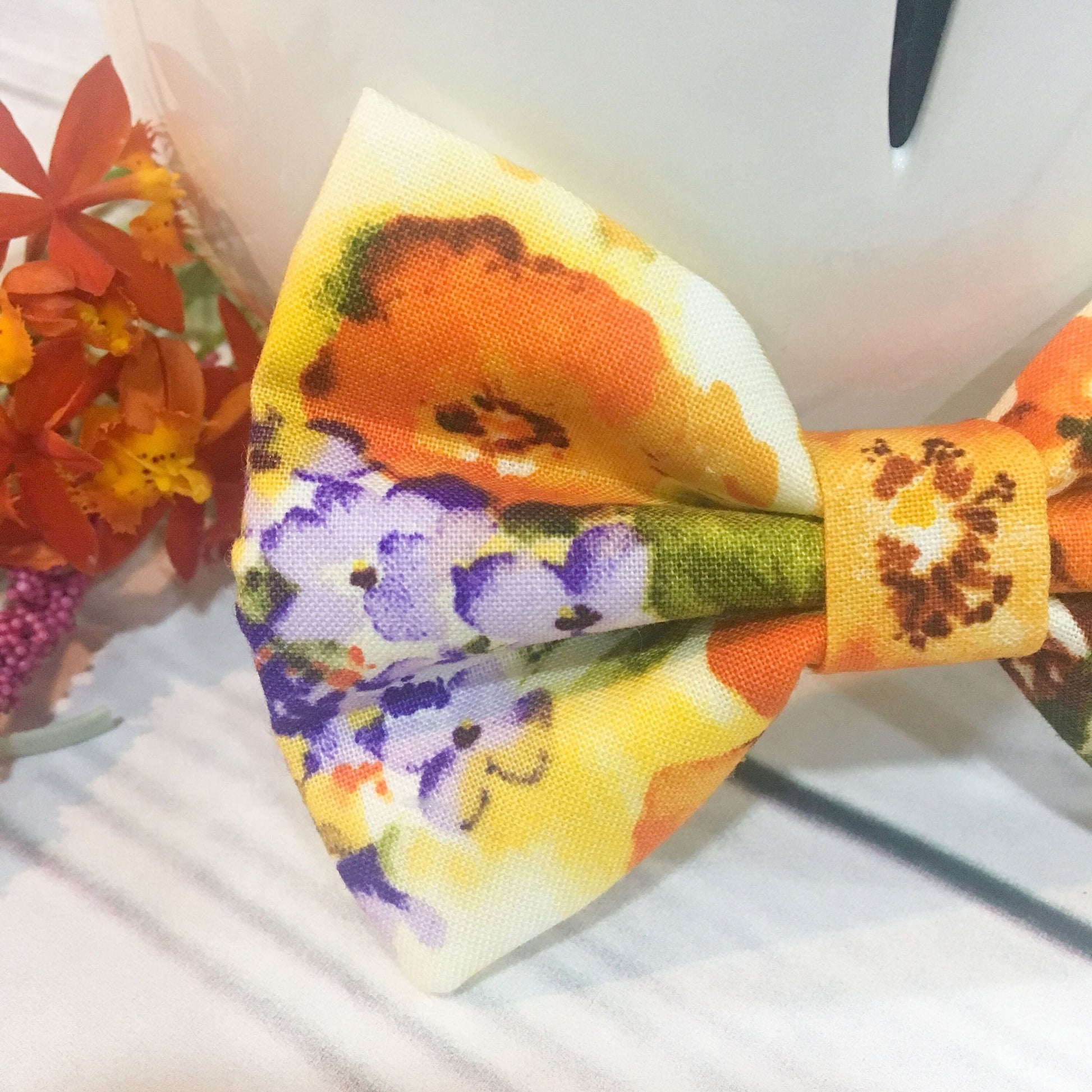 Yellow Floral Bow Tie, Dog Accessories, Dog Clothe, Dog Bow tie, Puppy Bow, Pet Scarf, spring bow