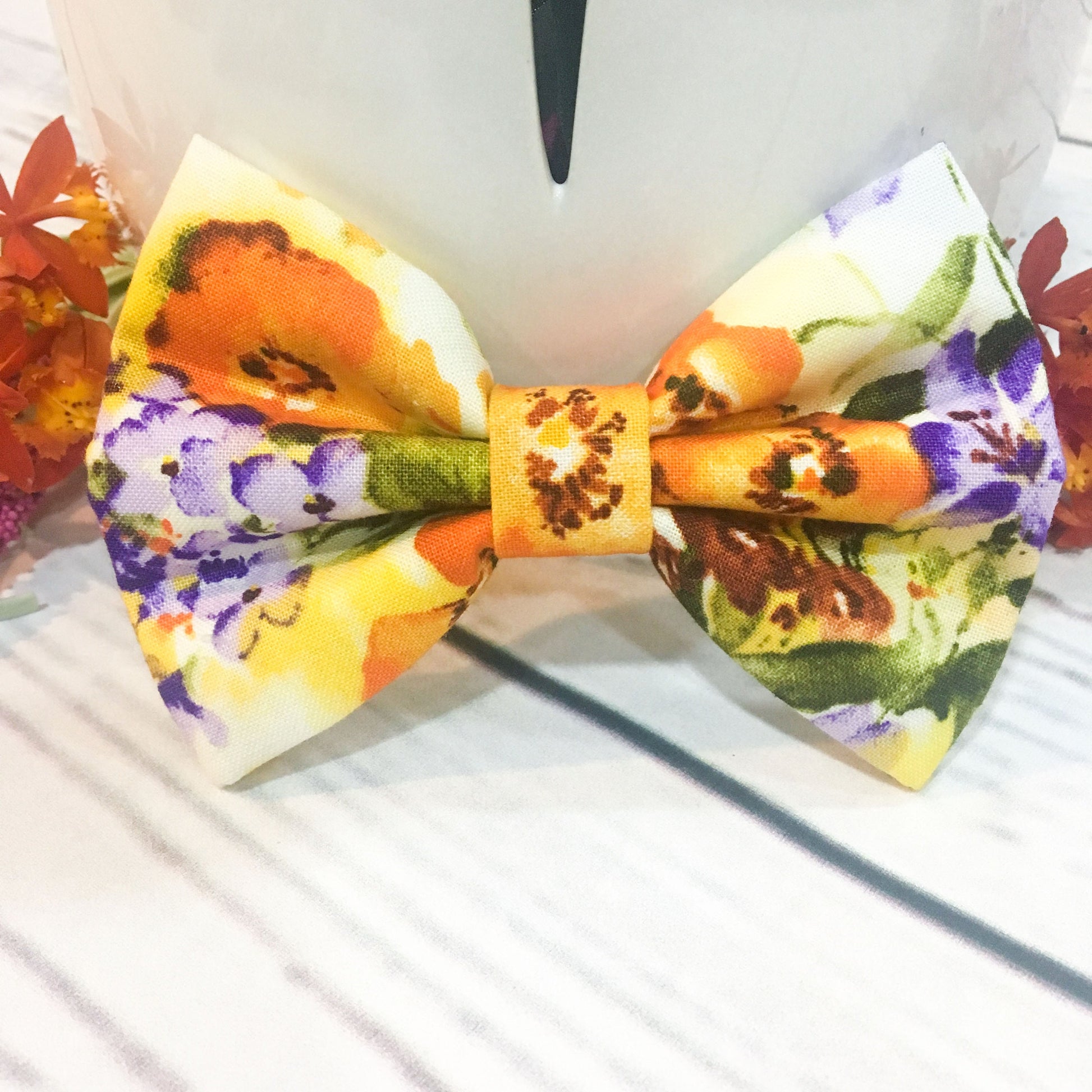 Yellow Floral Bow Tie, Dog Accessories, Dog Clothe, Dog Bow tie, Puppy Bow, Pet Scarf, spring bow