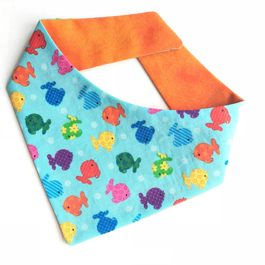 Fish Dog Bandana, Reversible Pet Neckerchief, Over the Collar, Snap On