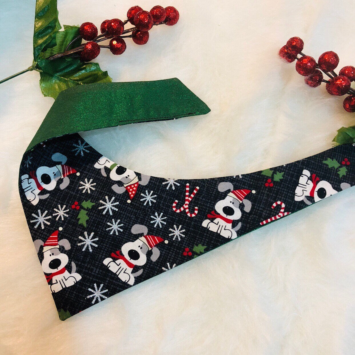 Reversible Christmas Dog Bandana, Over the Collar, Holiday Puppy Bandana