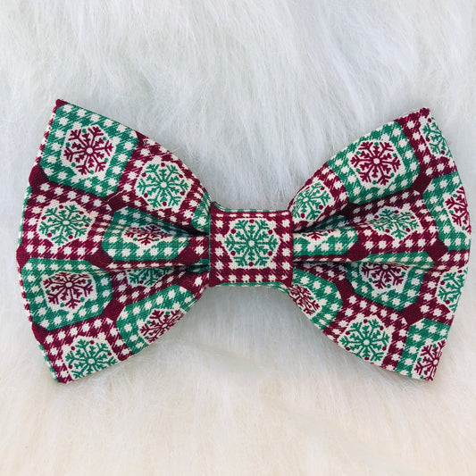 Green Burgundy Snowflake Dog Bowtie, Christmas Pet Bowtie