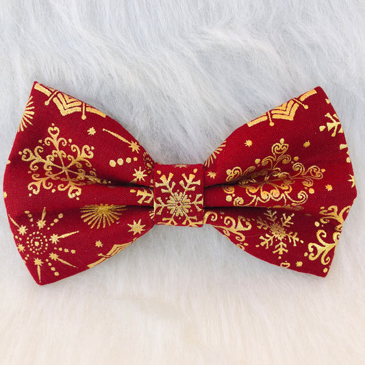Red and Gold Winter Snowflake Dog Bow Tie