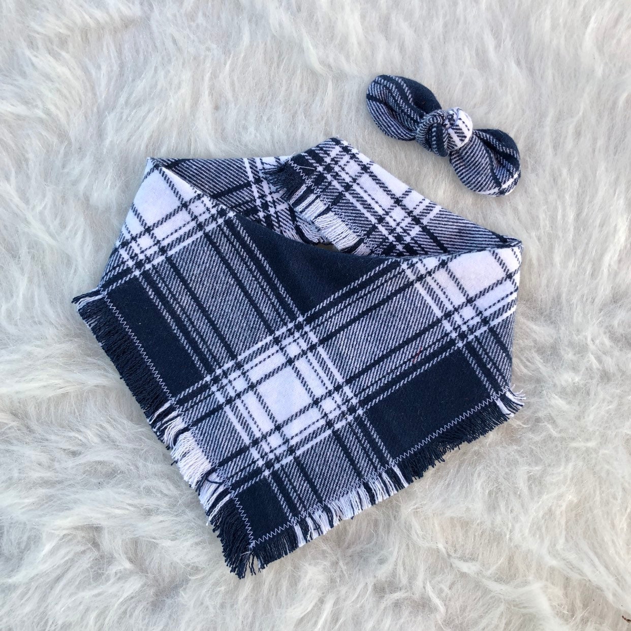 Frayed Navy Blue plaid Dog Bandana, Dog Accessories, Puppy Bow, Pet Scarf, reversible, snaps on, tie on, winter bandana, holiday bandana