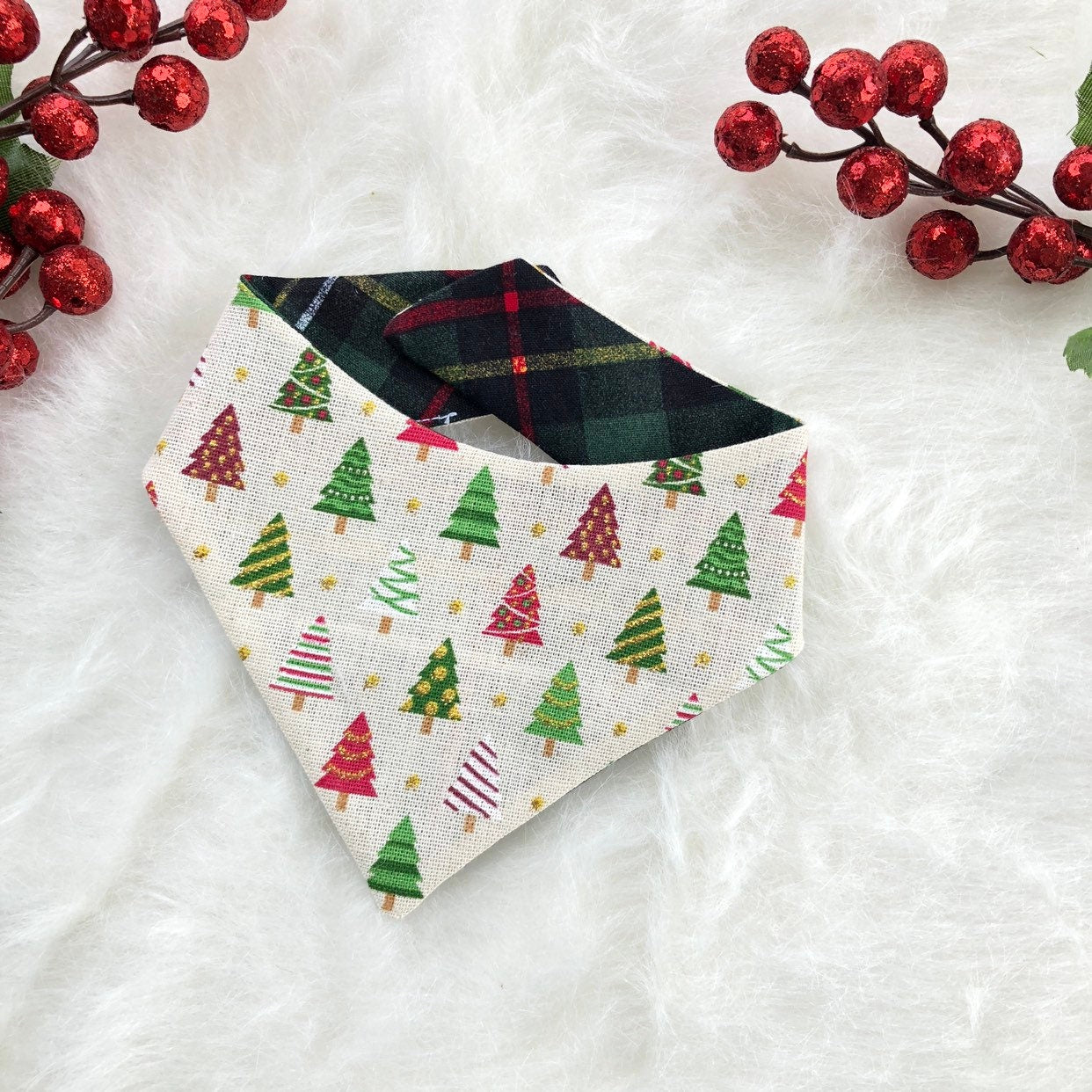 Reversible Christmas Dog Bandana, Glitter Tree, Holiday Plaid