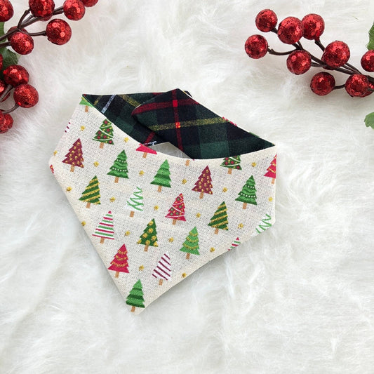 Reversible Christmas Dog Bandana, Glitter Tree, Holiday Plaid