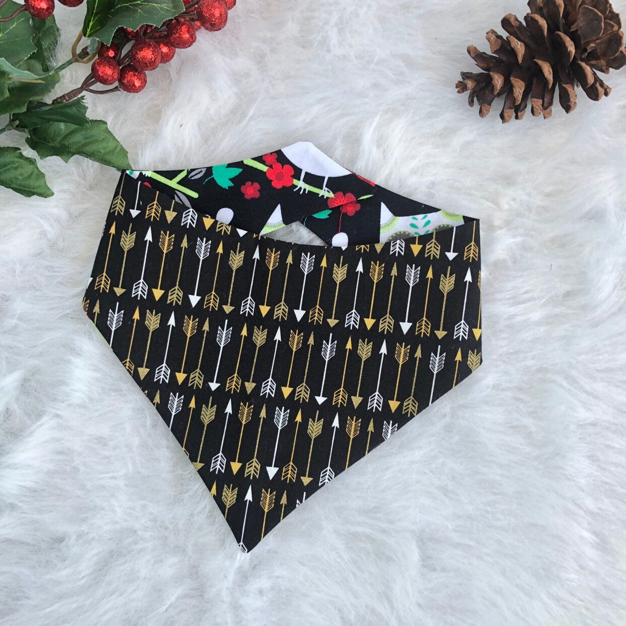 Reversible Christmas Owl Dog Bandana, Holiday Winter Pet Bandana